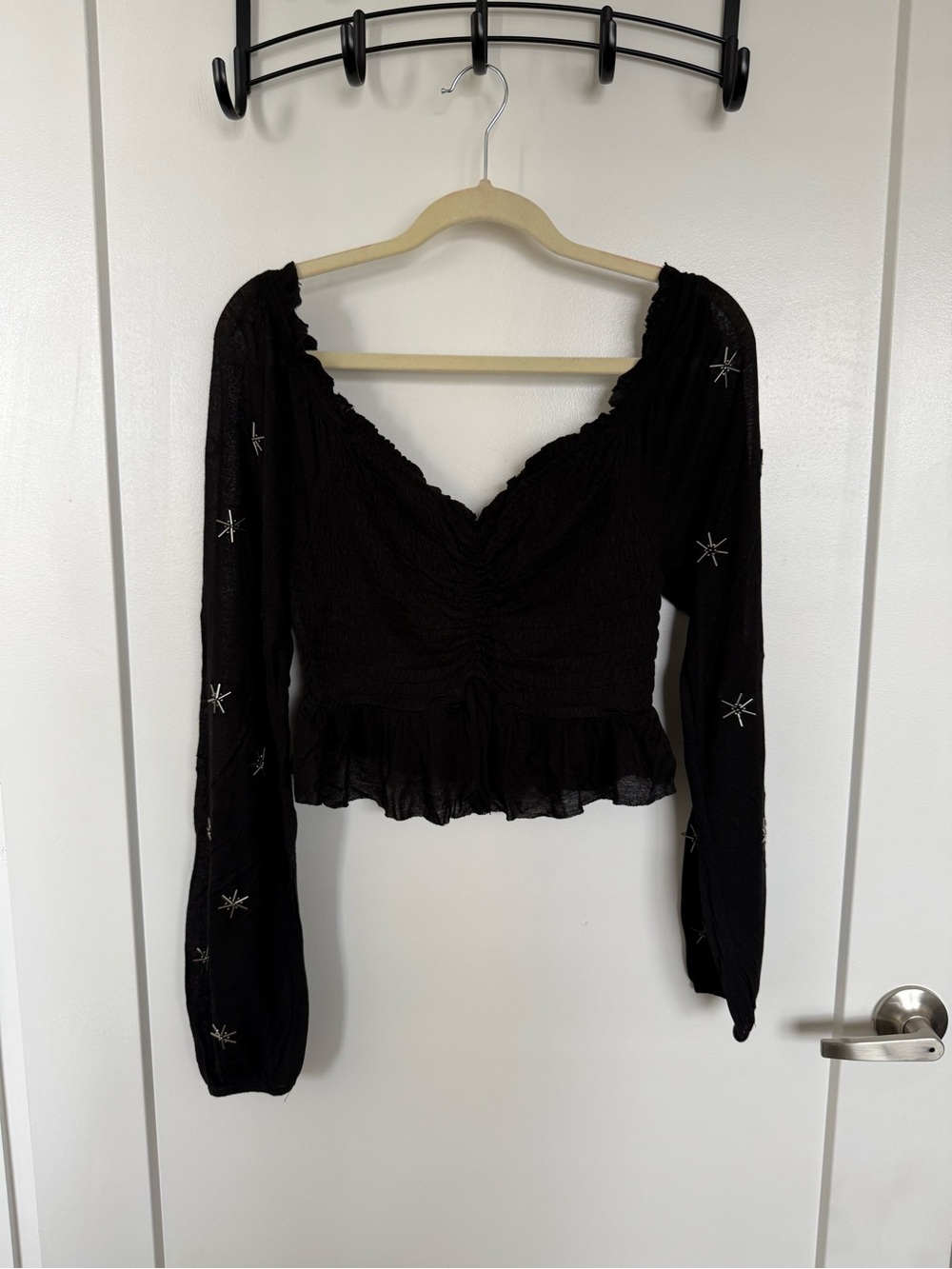 Urban Outfitters Black Long-Sleeve Ruched Heart Top with Starry Sleeves
